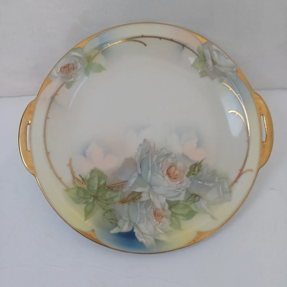 Royal Rudolstadt Hand‎ Painted Prussia Plate White Roses Gold Trim Handles
